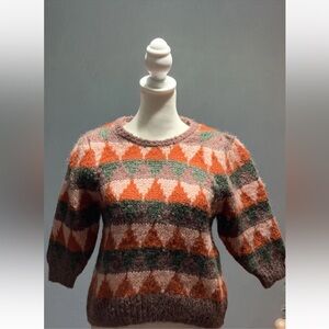 Zara Women's Sz Small Holiday Retro Argyle Knit Wool Sweater with Puff Sleeves